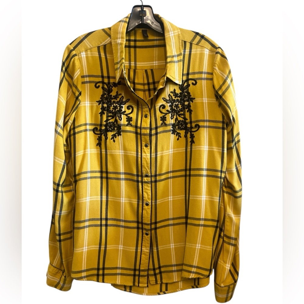 Shyanne Western Yellow and Black Embroidered Plaid Button Up Women’s Shirt Large